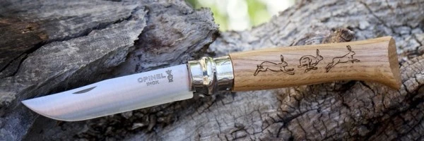 Нож Opinel №8 Animalia, нержавеющая сталь, рукоять дуб, гравировка заяц, 001623