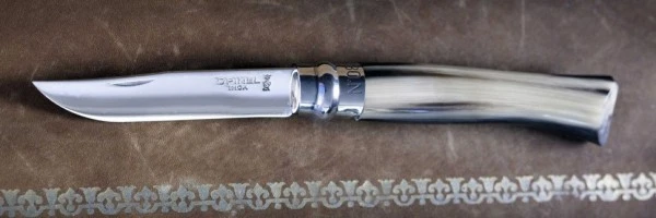 Нож Opinel №8, нержавеющая сталь, полированный клинок, рукоять светлый рог буйвола, дерев футляр, 000980